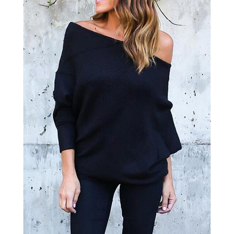 Women's Sweater Pullover Fashion Soft Solid Color Ribbed Off Shoulder Knitted Long Sleeve Regular Tops Knit Outdoor Daily Going out Wine Red Black Fall2