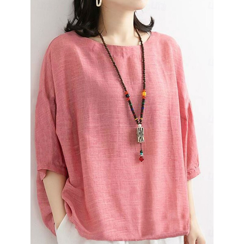 Women's Shirt Solid Color Stylish Casual 3/4 Length Sleeve Crew Neck Regular Tops Daily Pink Blue Purple Green Summer Spring4