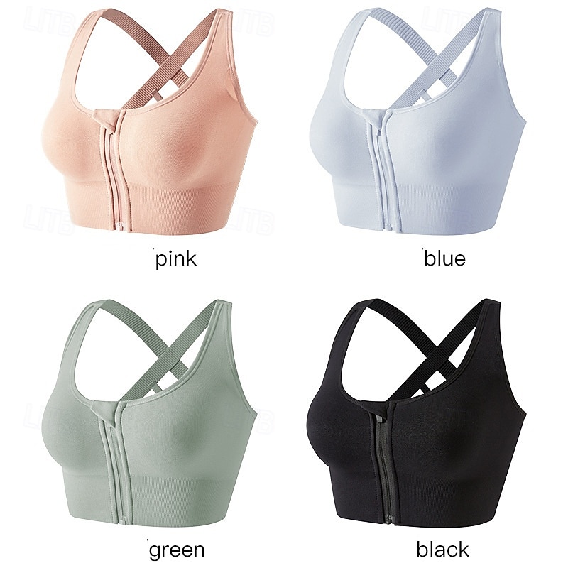 Women's Yoga Bra Sports Bra Pilates Bra Bra Top Push Up Seamless Anti-vibration Wireless Zipper Solid / Plain Color Sport Activewear Light Blue Black Gym Zumba Running2