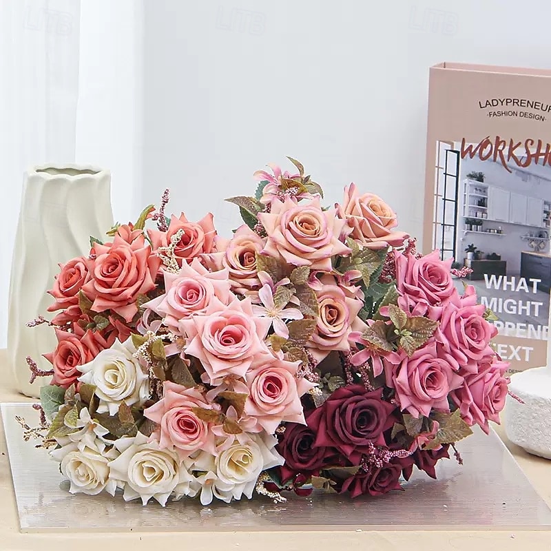 7-Head Artificial Rose Hairpin Bouquet, Silk Fake Flowers for Home Decor, Weddings, Celebrations, Photography, and Handheld Floral Arrangements