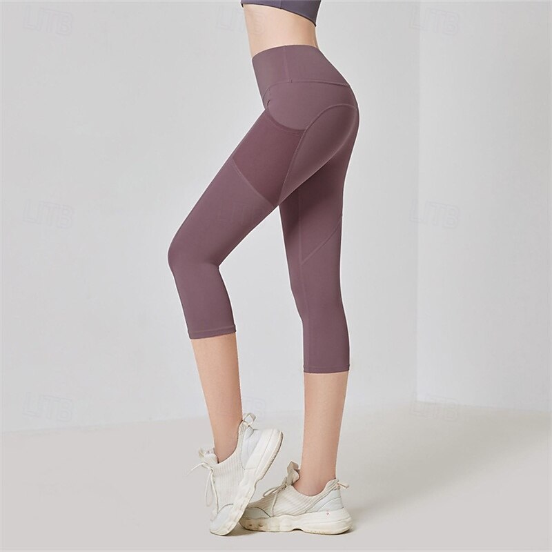 Women's pilates leggings Sports Pants Yoga Leggings Side Pockets Lightweight Pilates Running Fitness Capri Leggings Solid Color Violet Black Pink Fall Winter Sports Activewear Micro-elastic