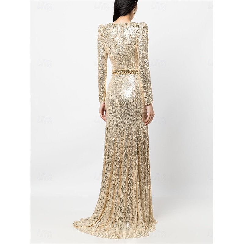 Mermaid / Trumpet Quinceanera Dresses Elegant Dress Formal Wedding Floor Length Long Sleeve Crew Neck Sequined with Sequin2