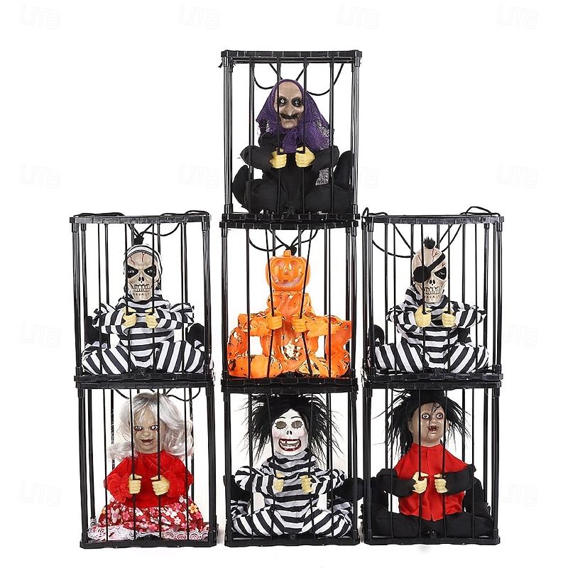 Screaming Animated Halloween Decorations, Halloween Decor Prop with Motion Sensor, Scary Skull Cage Prisoner Haunted House Decor, Spooky Hanging Ghost Light Up Eyes Decorations