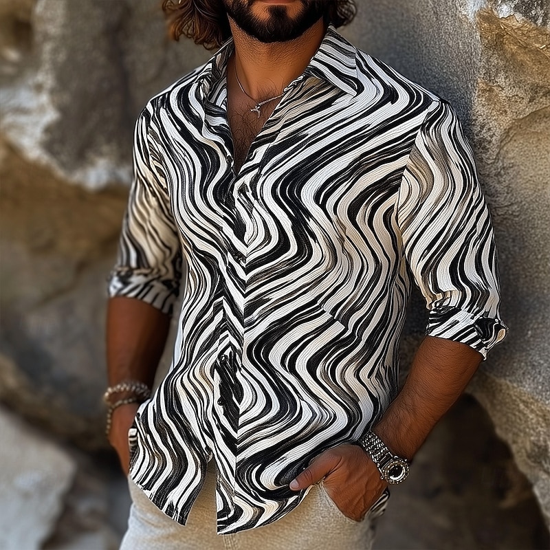 Men's Geometric Stripes Waves Shirt Button Up Shirt Casual Dress Shirt Long Sleeve Fashion Casual Formal Vacation Dailywear Summer Spring Turndown 3D Print Collared Shirts Black Black+White2