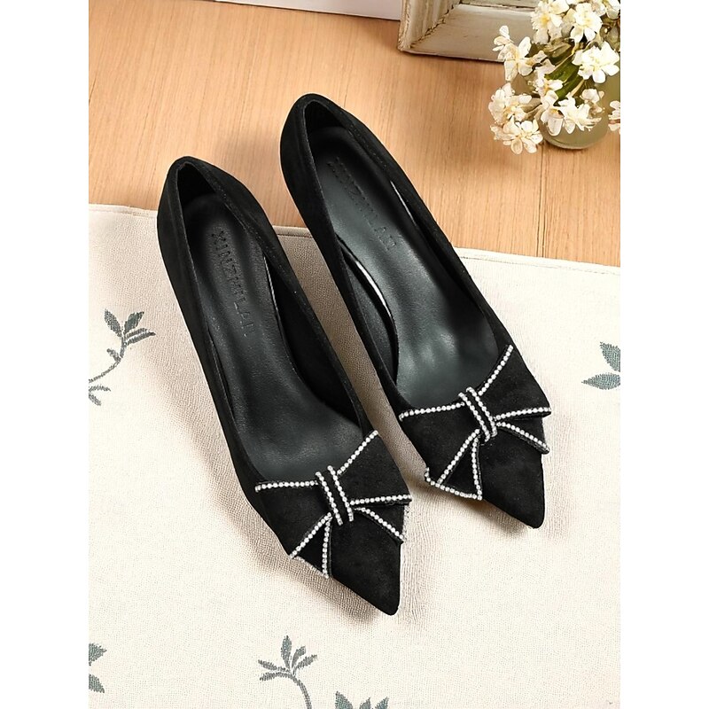 Women's Black Suede Block Heel Pumps, Pointed Toe Slip-On Dress Shoes with Rhinestone Bow, Elegant and Comfortable for Casual Dates and Everyday Outfits3