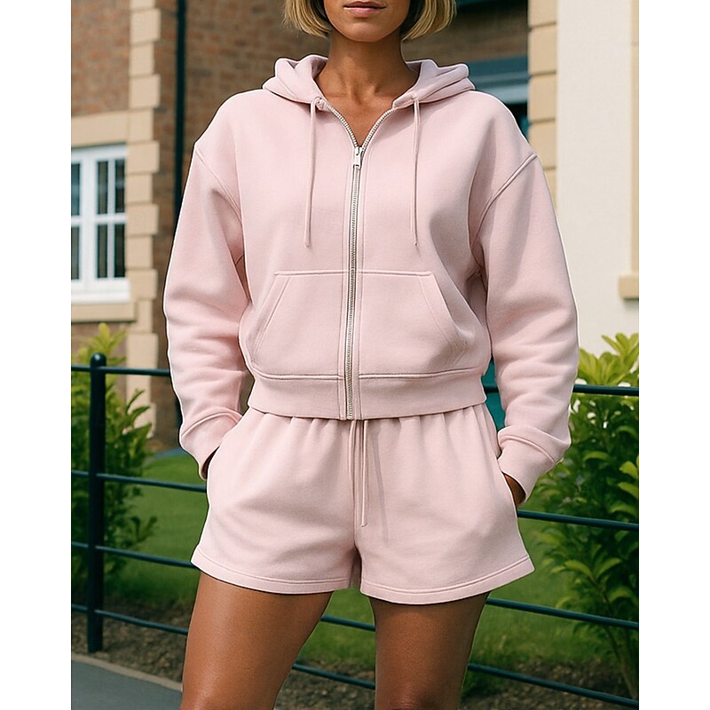 Women's Tracksuit Sweatpants Hooded Jacket Drawstring Zipper Pocket Solid Colored Clothing Suit Spring Dark Grey Dark Pink Gym Training Running Windproof Long Sleeve Sport Activewear Micro-elastic