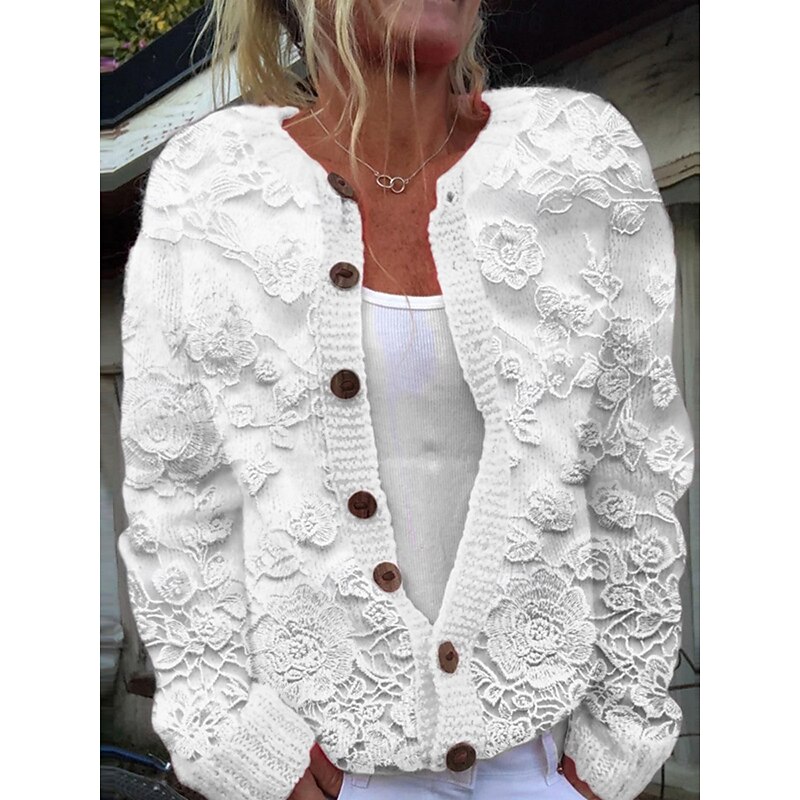 Women's Cardigan Sweater Knitted Ribbed Button Front Round Neck Long Sleeve Lightweight Elegant Fashion Streetwear Floral Crew Neck Print  Knit Outdoor Daily Weekend White Blue Fall Winter3