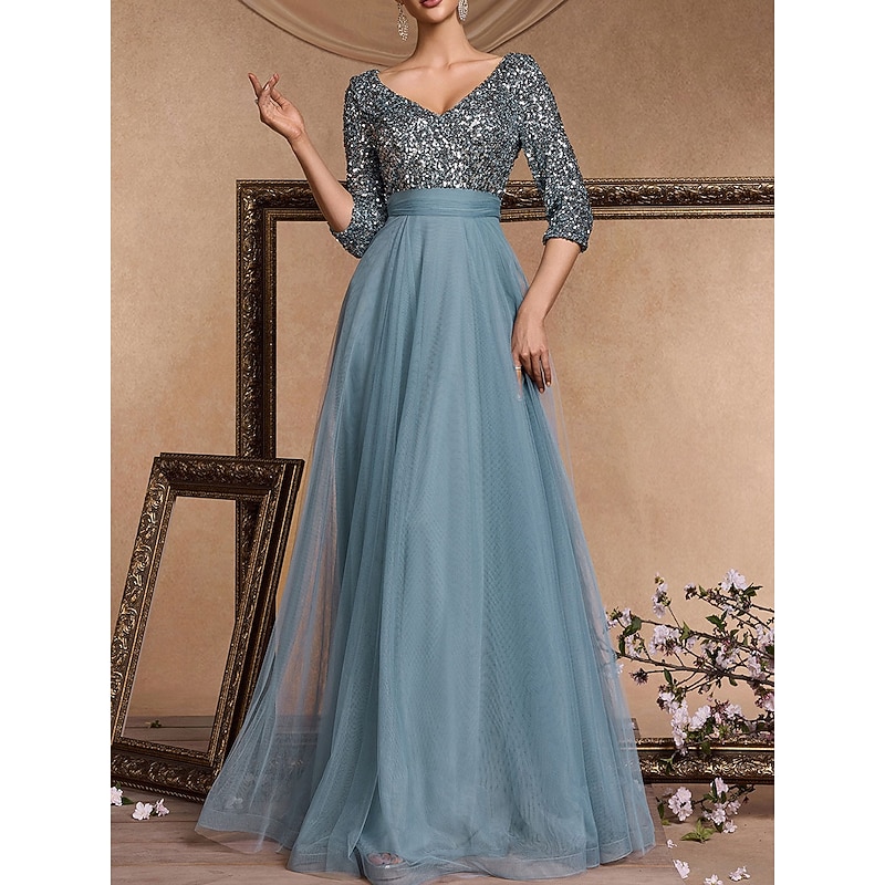 A-Line Evening Gown Elegant Dress Formal Wedding Floor Length 3/4 Length Sleeve V Neck Sequined with Sequin2