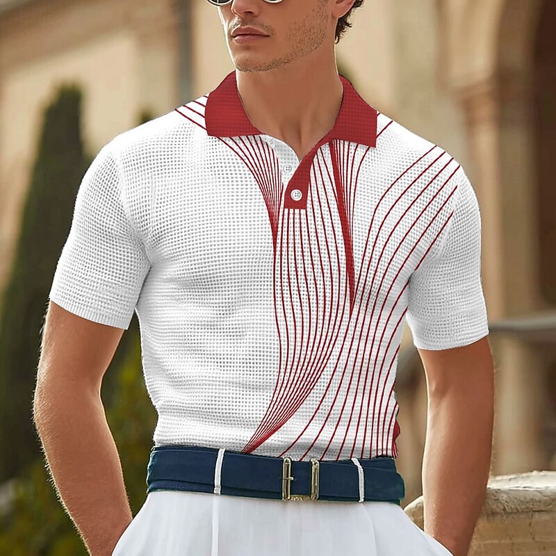 Men's Abstract Geometic Waffle Polo Shirts Short Sleeve Polo Shirts Collared Shirts Business Casual Business Athleisure Daily Wear 3D Print Buttons Summer Red Blue Green3