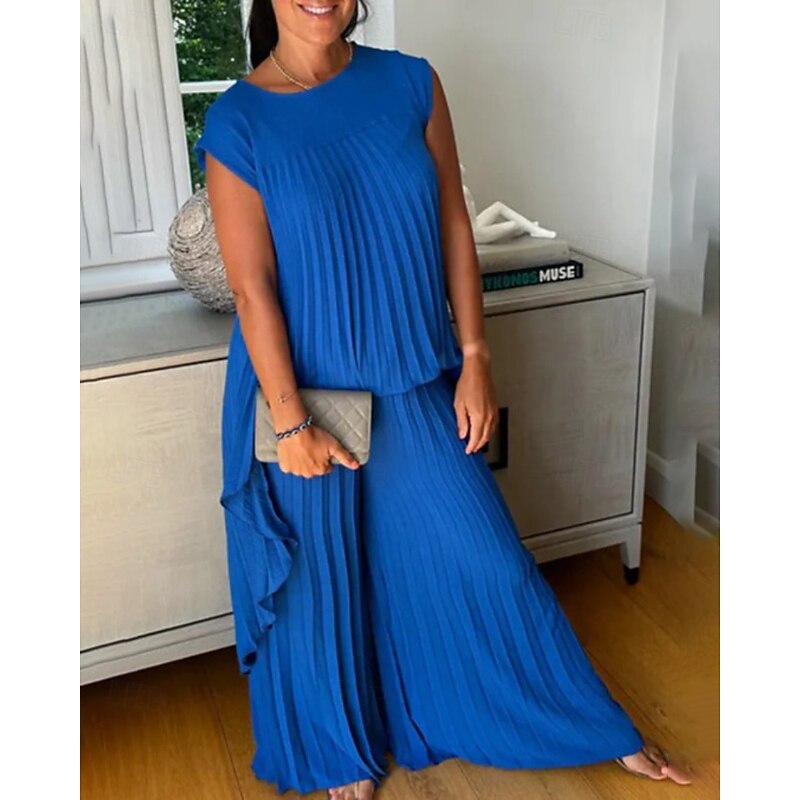 Women's Active Blouse Pants Sets Sleeveless Crew Neck Solid Color Ruched Holiday Daily Wear White Blue Brown Summer Regular Fit2