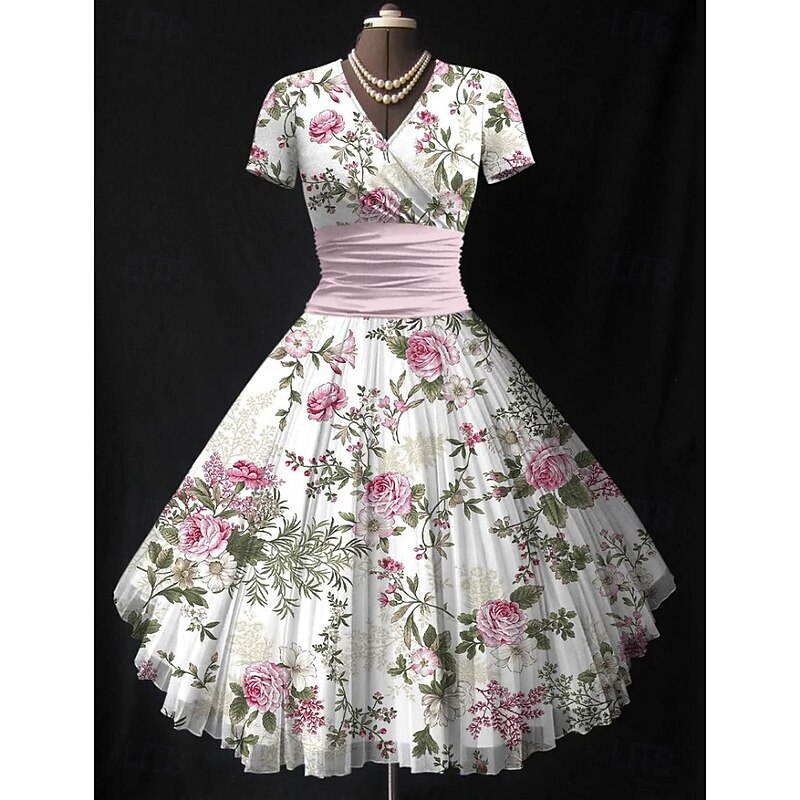 Women's Midi Dress Summer Dress Fit And Flare Dress Vacation Party Casual Wedding Party Wedding Guest Regular Fit Floral Graphic Short Sleeve V Neck Black Pink Green Beige Summer3