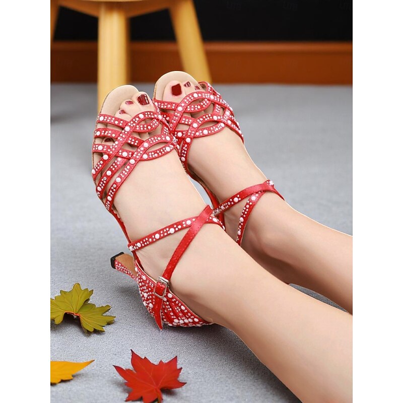 Women's Rhinestone Latin Dance Heels with Strappy Design, Satin Peep-Toe Ballroom Shoes for Professional Performances and Gatsby-Themed Parties4