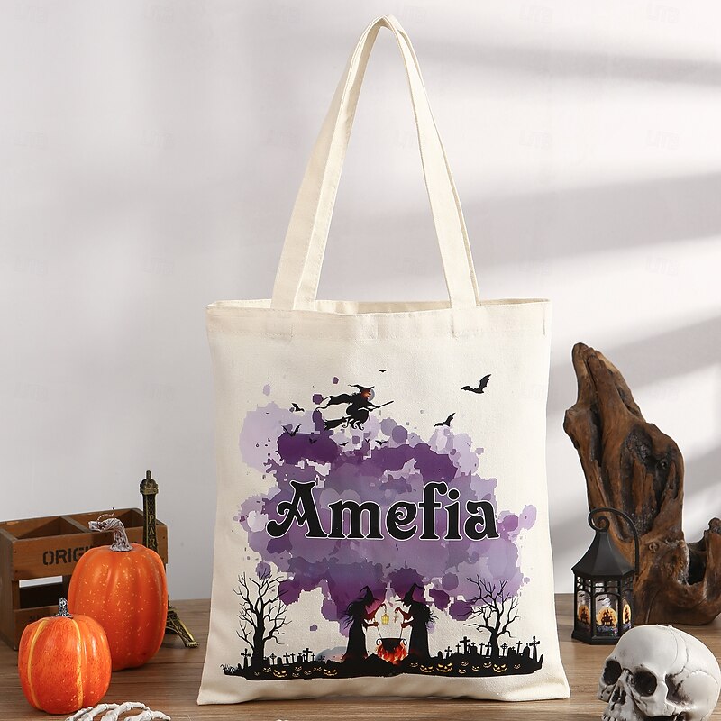 Personalized Name Halloween Treat Bag for Kids Custom Candy Tote Bag Basket for Trick or Treat, Canvas Gift Bag with Custom Font and Pattern, Funny Ghost Design for Family, Friends, Lovers, Unique Holiday Surprise