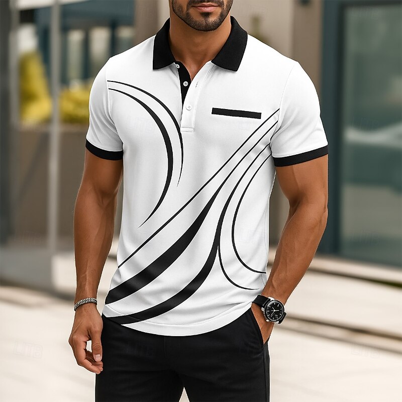 Men's Line Polo Short Sleeve Polo Shirts Collared Shirts Business Casual Business Athleisure Daily Wear Pocket 3D Print Buttons Summer Purple Green Black-white