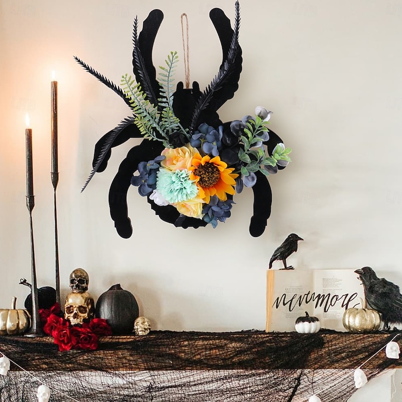 Halloween Spider Door Sign Wooden Wreath Wall Hanging, Faux Floral Vine Ring Door Hanger for Front Porch, Window or Party Decoration2
