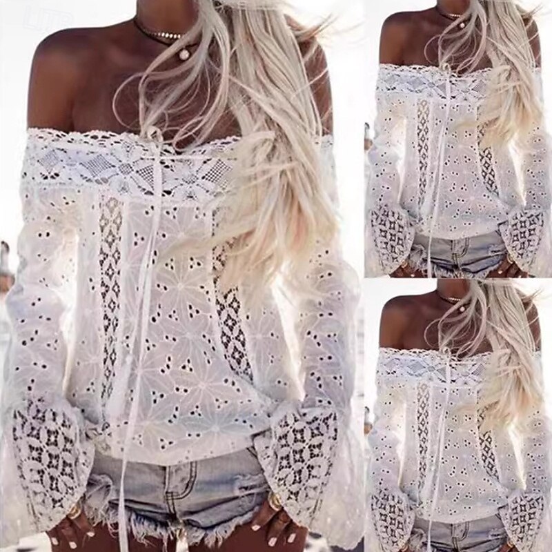 Women's Blouse Lace Tops Plain Modern Casual Long Sleeve Off Shoulder Regular Tops Daily Going out Lace Fringe White Summer4