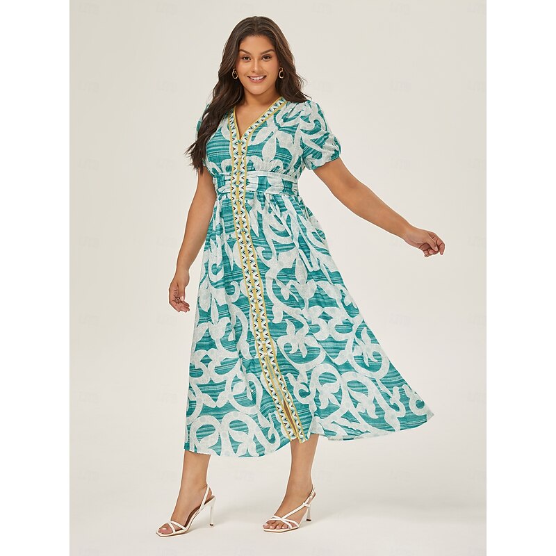 Puff Sleeve V Neck Midi Dress4