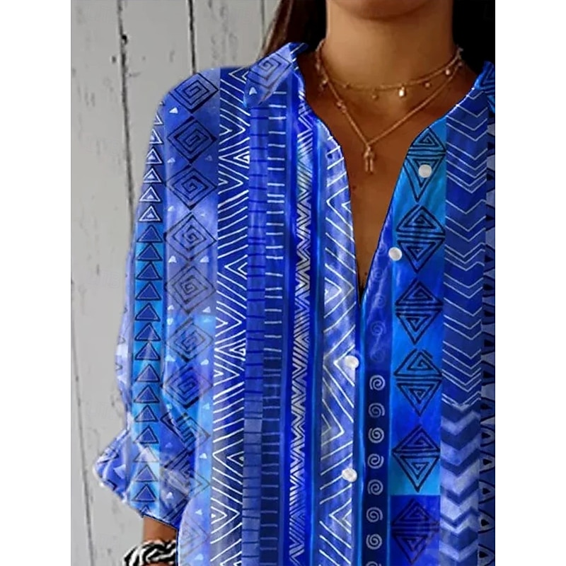 Women's Shirt Button Down Tunic Shirt Collar Long Sleeve Graphic Geometric Paisley Vintage Tropical Daily V Neck Regular Tops Work Daily Holiday s Print Royal Blue Spring Fall2