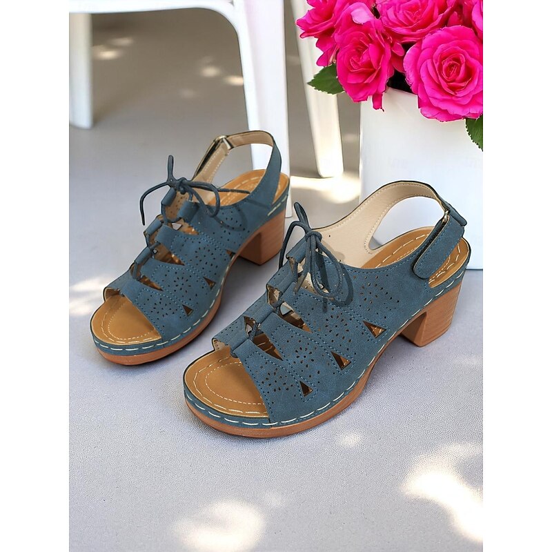 Women's Cut-Out Chunky Heel Sandals – Retro Lace-Up Design with Cushioned Insole, Ideal for Shopping, Outdoor Festivals and Summer Brunch3