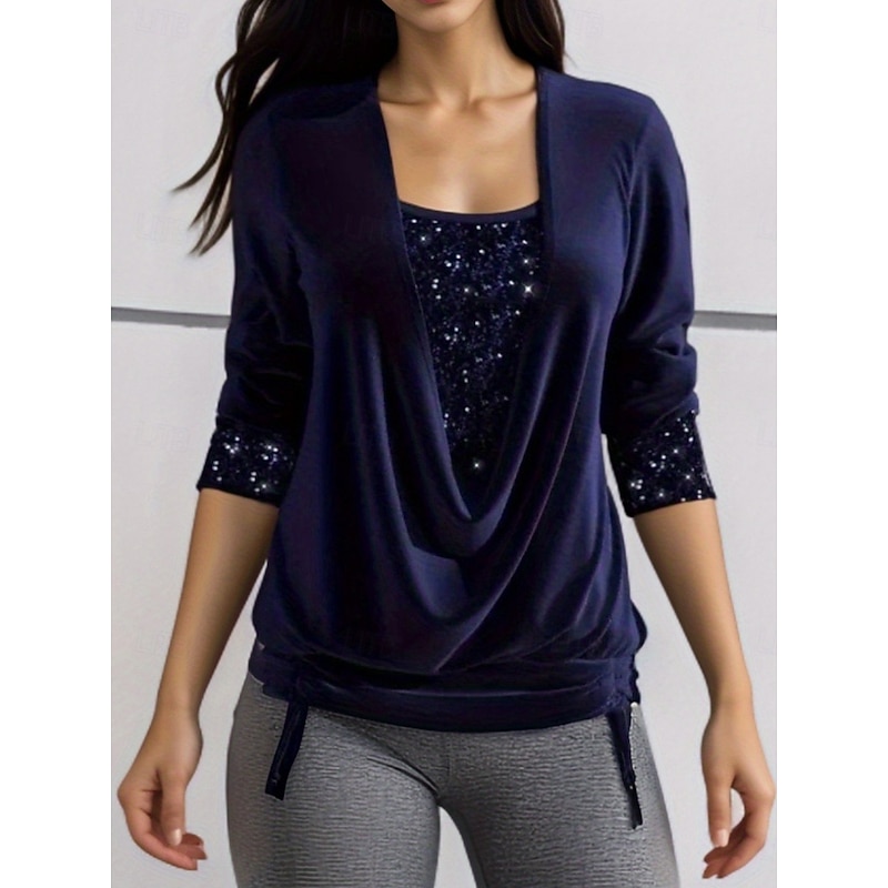 Women's Blouse Solid Color Stylish Casual Long Sleeve Crew Neck Regular Tops Daily Sequins Patchwork Black Pink Red Blue Summer Spring2