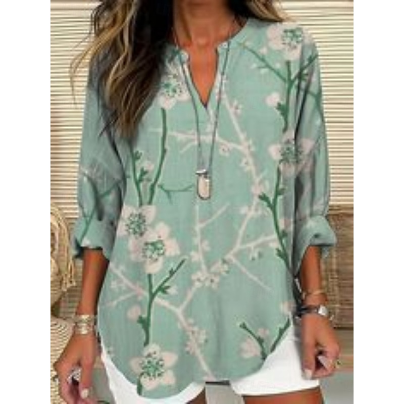 Women's Shirt Floral Stylish Modern Long Sleeve V Neck Regular Tops Daily Holiday Buttons Print Pink Red Blue Green Summer3