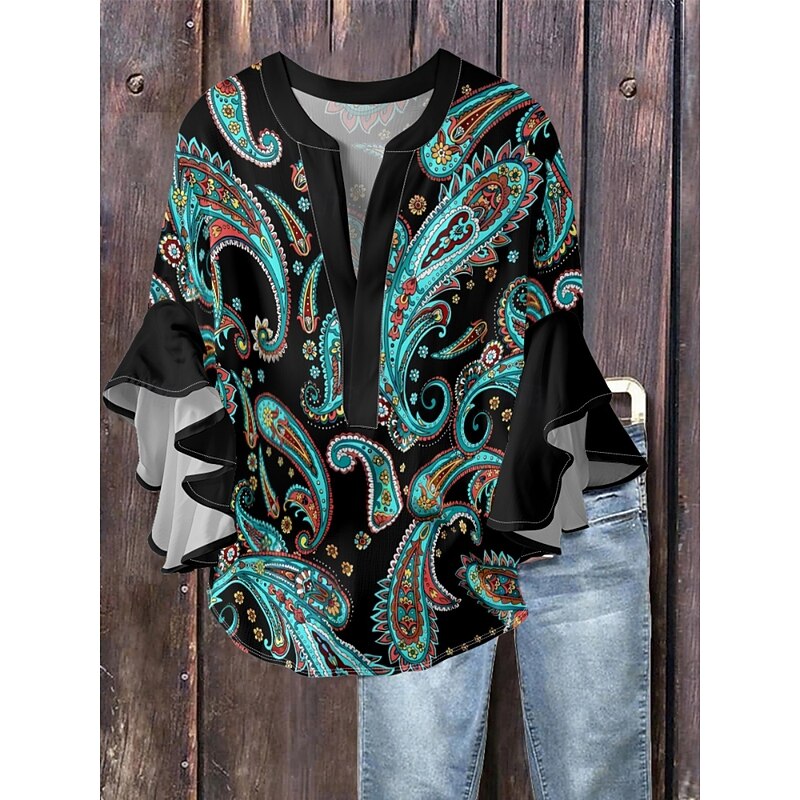 Women's Blouse Paisley Stylish Modern 3/4 Length Sleeve V Neck Regular Tops Daily Holiday Ruffle Print Black Wine Blue Khaki Summer3