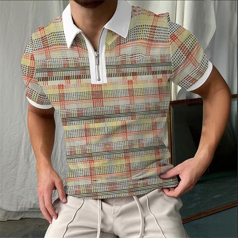 Men's Graphic Zip Polo Shirts Short Sleeve Polo Shirts Collared Shirts Casual Athleisure Daily Wear 3D Print Summer Yellow Red Gray3