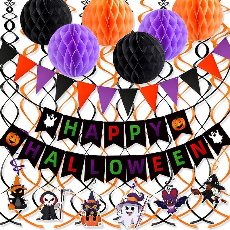 Halloween Party Decoration Kit, Birthday and Family School Hanging Banners, Triangle Flags and Honeycomb Balls for Festive Home and Classroom Decor