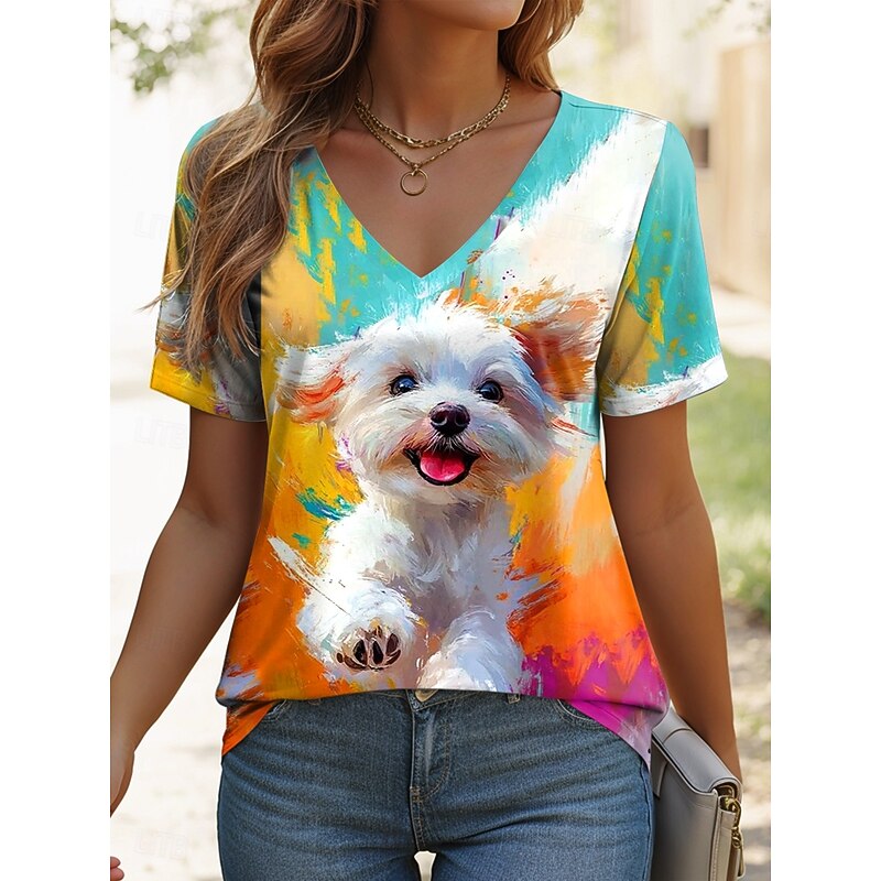 Women's T Shirt Graphic Animal Dog Vintage Stylish Casual Short Sleeve V Neck Regular Tops Daily Print Yellow Blue Orange Light Blue Summer Spring4