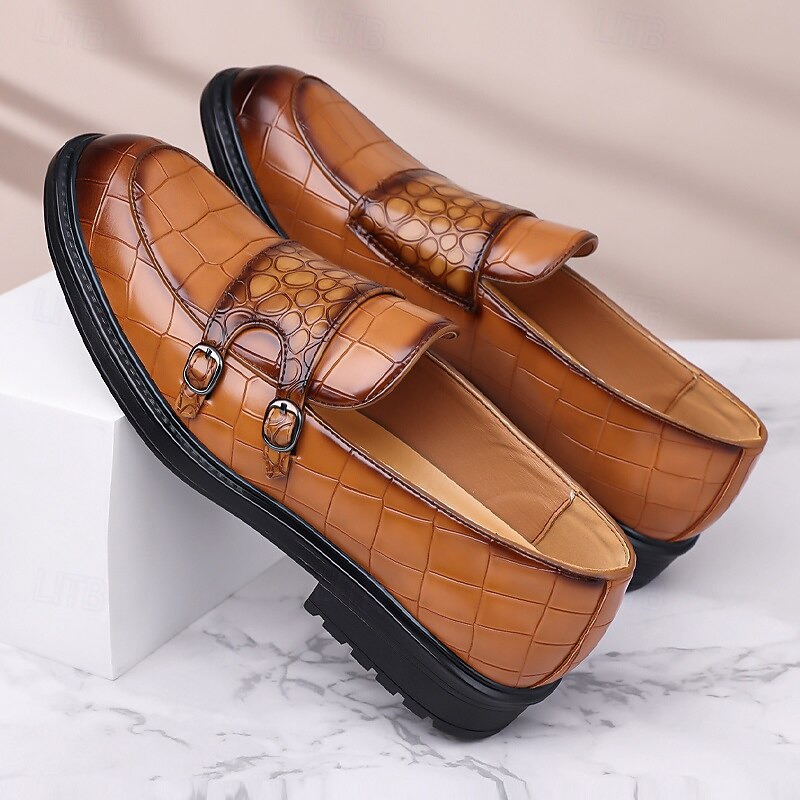 Men's Brown Faux Leather Loafers with Crocodile Pattern – Slip-On Business Casual Shoes for Office & Evening Wear2