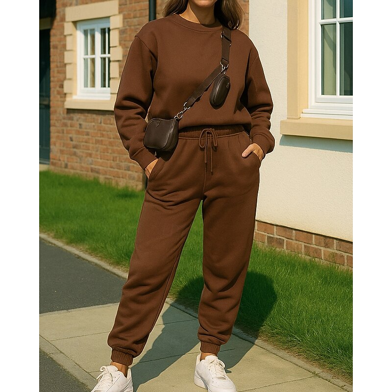 Women's Tracksuit Sweatpants Pullover Sweatshirt Pocket Solid Colored Clothing Suit Spring Black White Gym Training Running Windproof Long Sleeve Sport Activewear Micro-elastic Regular Fit