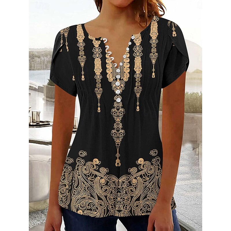 Women's Boho Shirt Ombre Floral Graphic Bohemia Vintage Daily Sleeveless Short Sleeve Notched Neck Regular Tops Daily Holiday Vacation Wear Ruffle Smocked Sage Green Black Red Blue Purple Summer4