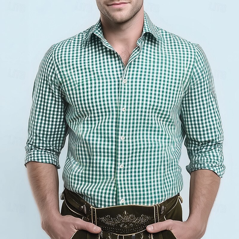 Men's Plaid Checkered Traditional Oktoberfest Shirt Button Up Shirt Trachten Shirts Long Sleeve Casual Dailywear Holiday Summer Spring Turndown 3D Print Linen Like Shirt Blue Green2