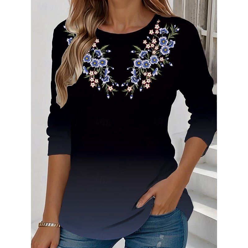 Women's T shirt Crew Neck Long Sleeve Tunic Floral Graphic Plants Vintage Stylish Classic  Round Neck Regular Tops Daily Weekend Print Black White Pink Blue Green Summer4