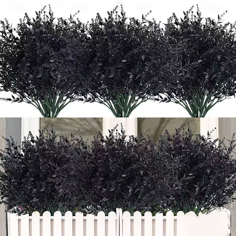 24 Bundles Artificial Black Lavender Flower Bundles for Halloween Outdoor Decoration, UV Resistant Faux Plastic Plants for Hanging Pots, Outdoor Porch, Vase, and Home Window Decorations