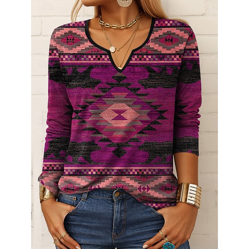 Women's T shirt Long Sleeve Graphic Geometric Vintage Stylish Classic Long Sleeve Notched Neck Regular Tops Daily Weekend Print Red Blue Purple Green Spring Fall Prefall4