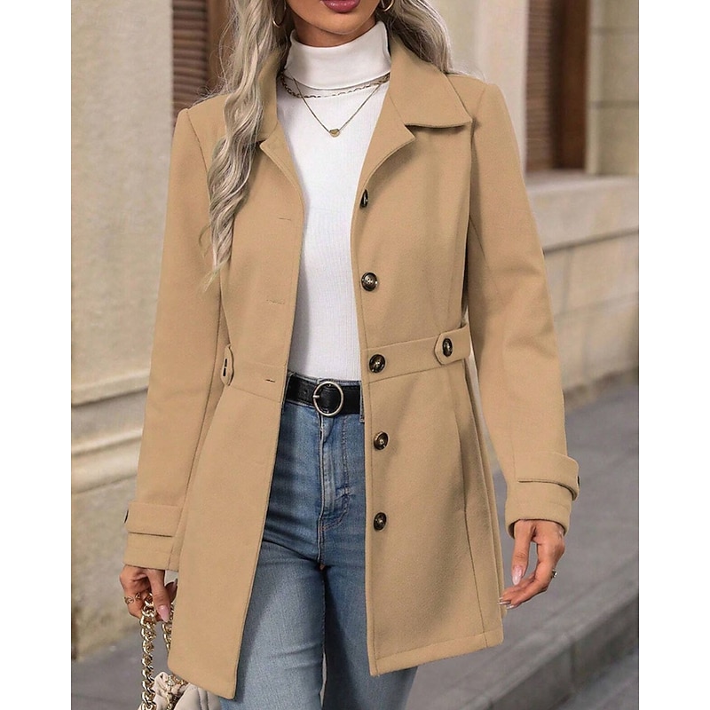 Women's Winter Coat Coat Warm Comfortable Buttons Fashion Plain Vacation Casual Daily Single Breasted Long Turndown Regular Fit Long Sleeve Outerwear Khaki Fall Winter2