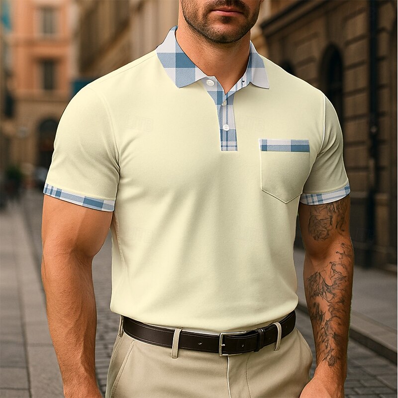 Men's Tarten Polo Short Sleeve Turndown Business Casual Daily Business Athleisure Casual Daily Pocket Buttons Summer Buff White Navy Blue4