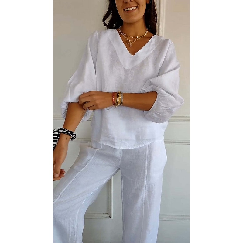 Women's Blouse Solid Color Elegant Stylish Casual Long Sleeve V Neck Regular Tops Daily Holiday White Khaki Beige Summer Spring4