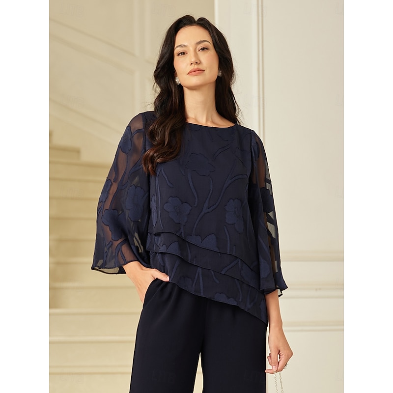 Women's Lace Shirt Blouse Dressy Tops Chiffon Tops Solid Color Floral Graphic Elegant Stylish Basic Half Sleeve Flutter Sleeve Boat Neck Regular Tops Wedding Guest Work Daily Asymmetric Hem Navy Blue3