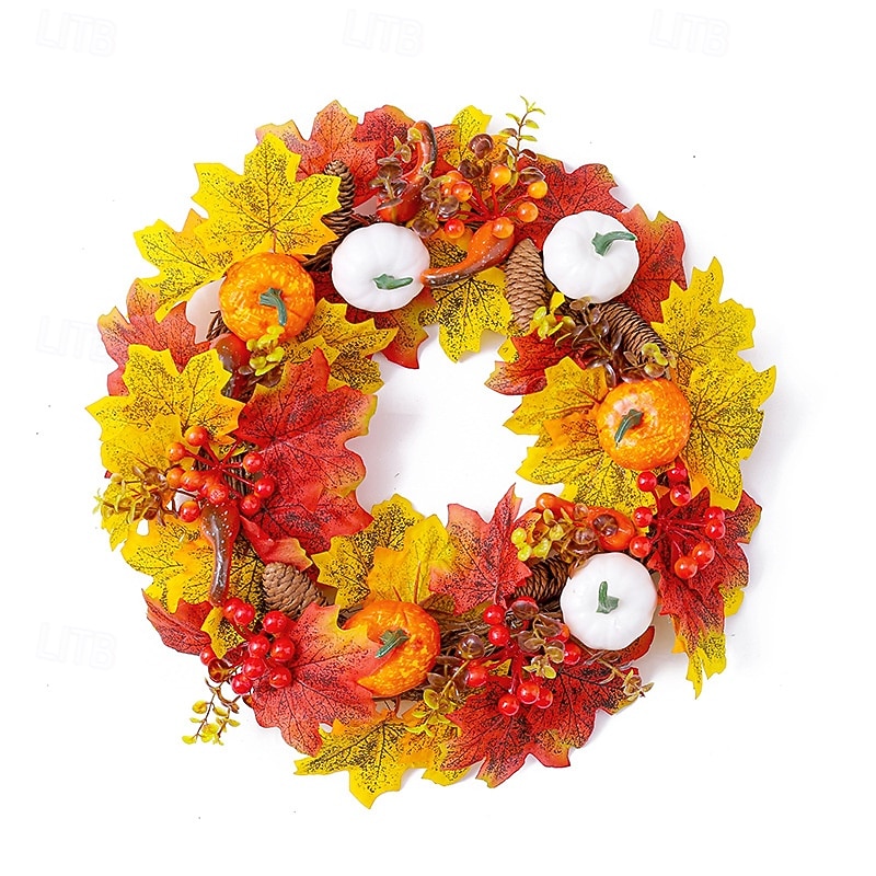 Fall Wreath for Front Door Thanksgiving Autumn Harvest Indoor Outdoor Decoration, Artificial White Pumpkin and Maple Leaf Wreath Window and Door Hanging Decor2