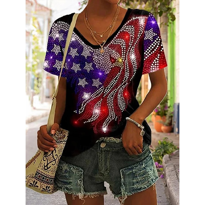 Women's Patriotic  T Shirt Graphic Flag Vintage Stylish Classic Short Sleeve V Neck Regular Tops Daily Print Black Purple Green Summer Spring