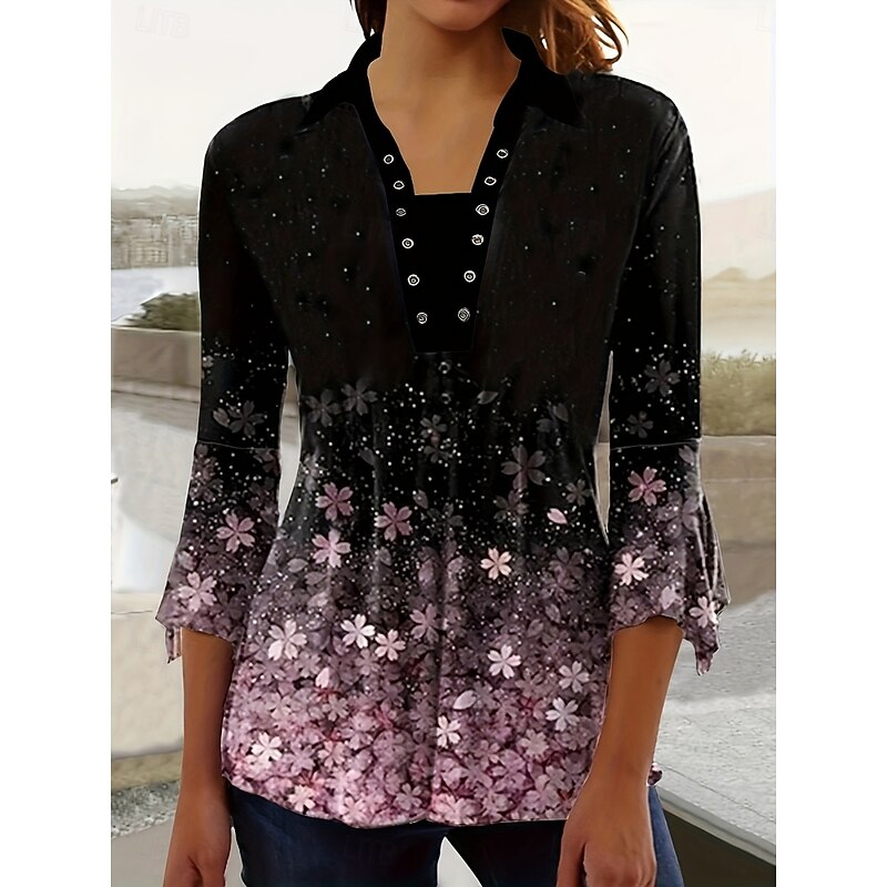 Women's Blouse Peplum Floral Graphic Vintage Casual 3/4 Length Sleeve Shirt Collar Regular Tops Daily Patchwork Print Black White Blue Purple Summer Spring4