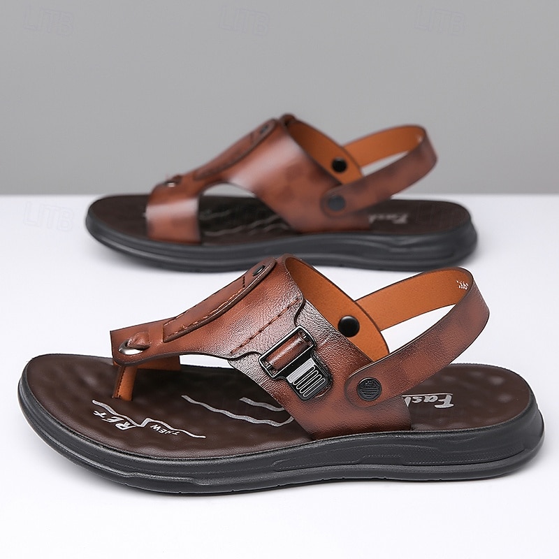 Men's Brown Faux Leather Sandals Retro Buckle Strap Design with Arch Support Perfect for Daily Walking Outdoor Wear and Vacation Travel3