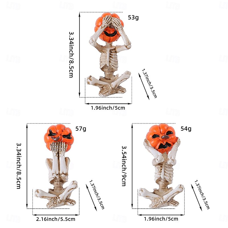 3pcs/set Halloween Pumpkin Head Skull Resin Figurine, Spooky Home Decor, Horror Doll Scene Prop3