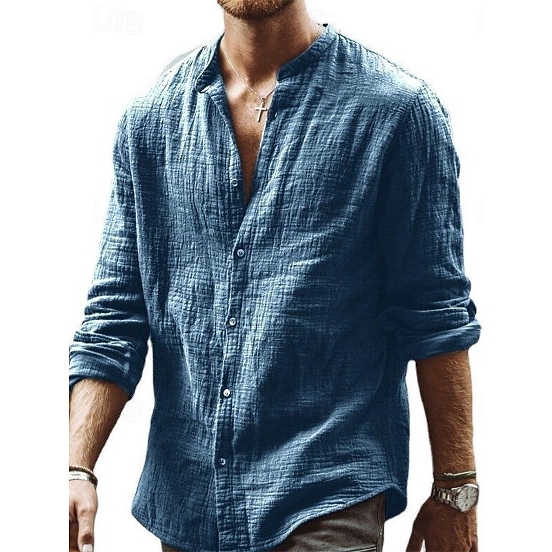 Men's Shirt Summer Shirt Beach Wear Band Collar Shirt Button Up Shirt Solid Color Outdoor Vacation Black Blue Green Long Sleeve Collar Spring Fall Clothing Apparel Button-Down3