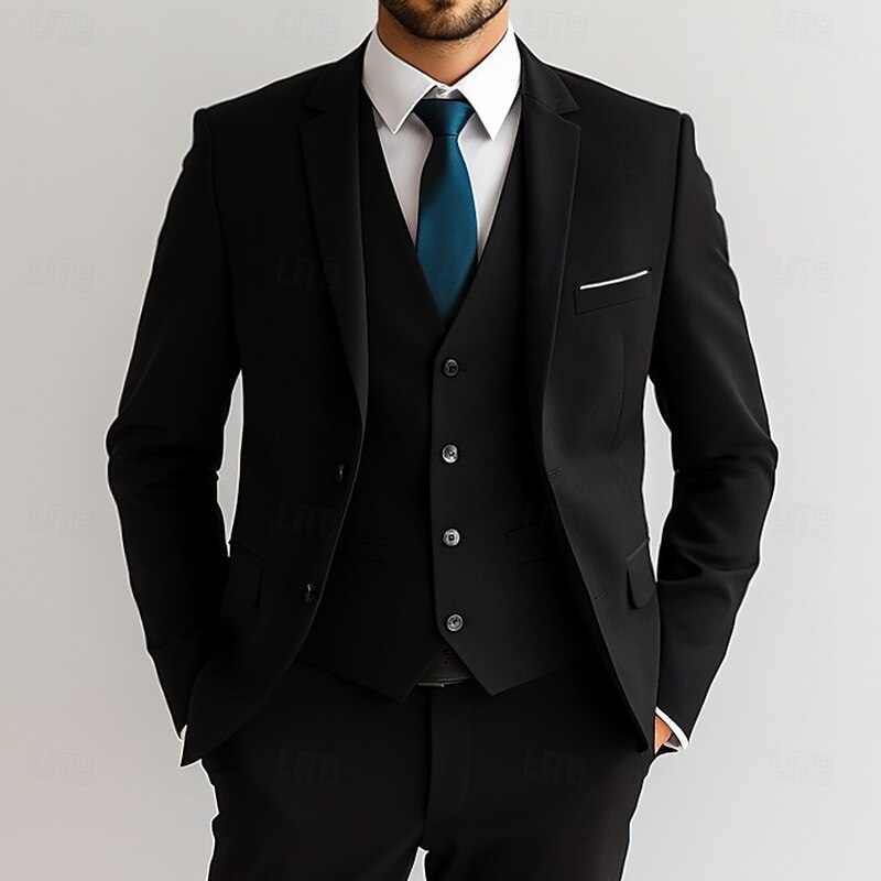 Men's Wedding Business Suits Black Navy Blue Formal WorkWear Solid Colored Standard Fit 3 Piece Single Breasted Two-buttons