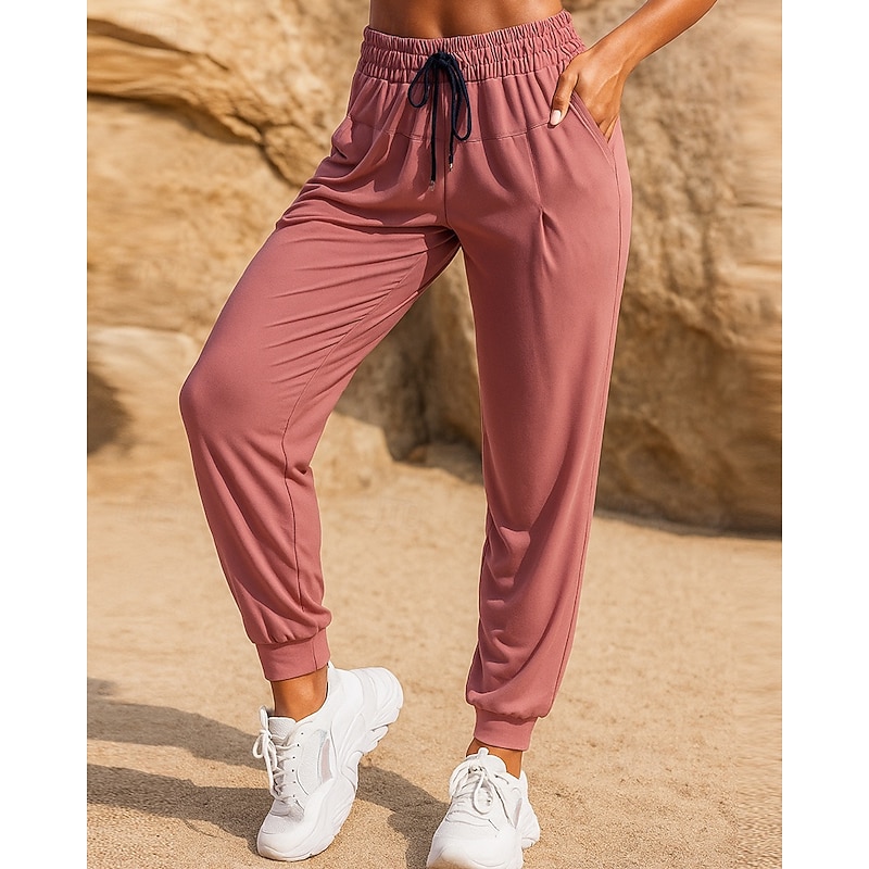Women's Running Pants Cropped Pants Sports Trousers Drawstring Zipper Pocket Bottoms Athleisure Sports Gym Stretchy Breathable Pilates Running Yoga Regular Fit Sportswear Activewear Solid Colored