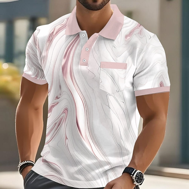Men's Geometic Line Polo Short Sleeve Polo Shirts Collared Shirts Business Casual Outdoor Athleisure Daily Wear Pocket 3D Print Buttons Summer Pink Blue Gold3