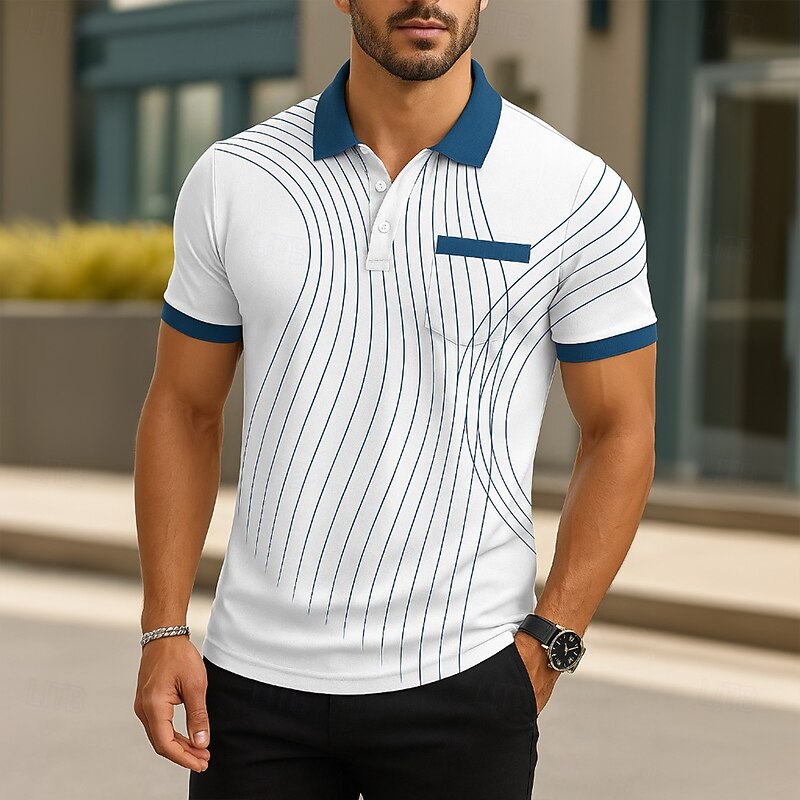 Men's Abstract Line Polo Short Sleeve Polo Shirts Turndown Business Casual Casual Buttons Pocket Summer White